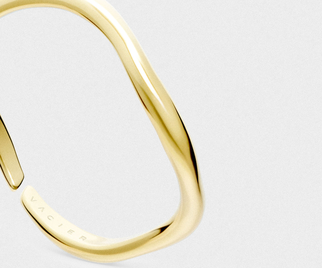 Close-up of a gold ring on a light gray background